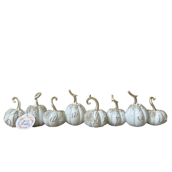 Give Thanks THANKFUL Pumpkins 17.5in Resin White & Gold Fall Designer Decor NEW - Picture 2 of 15